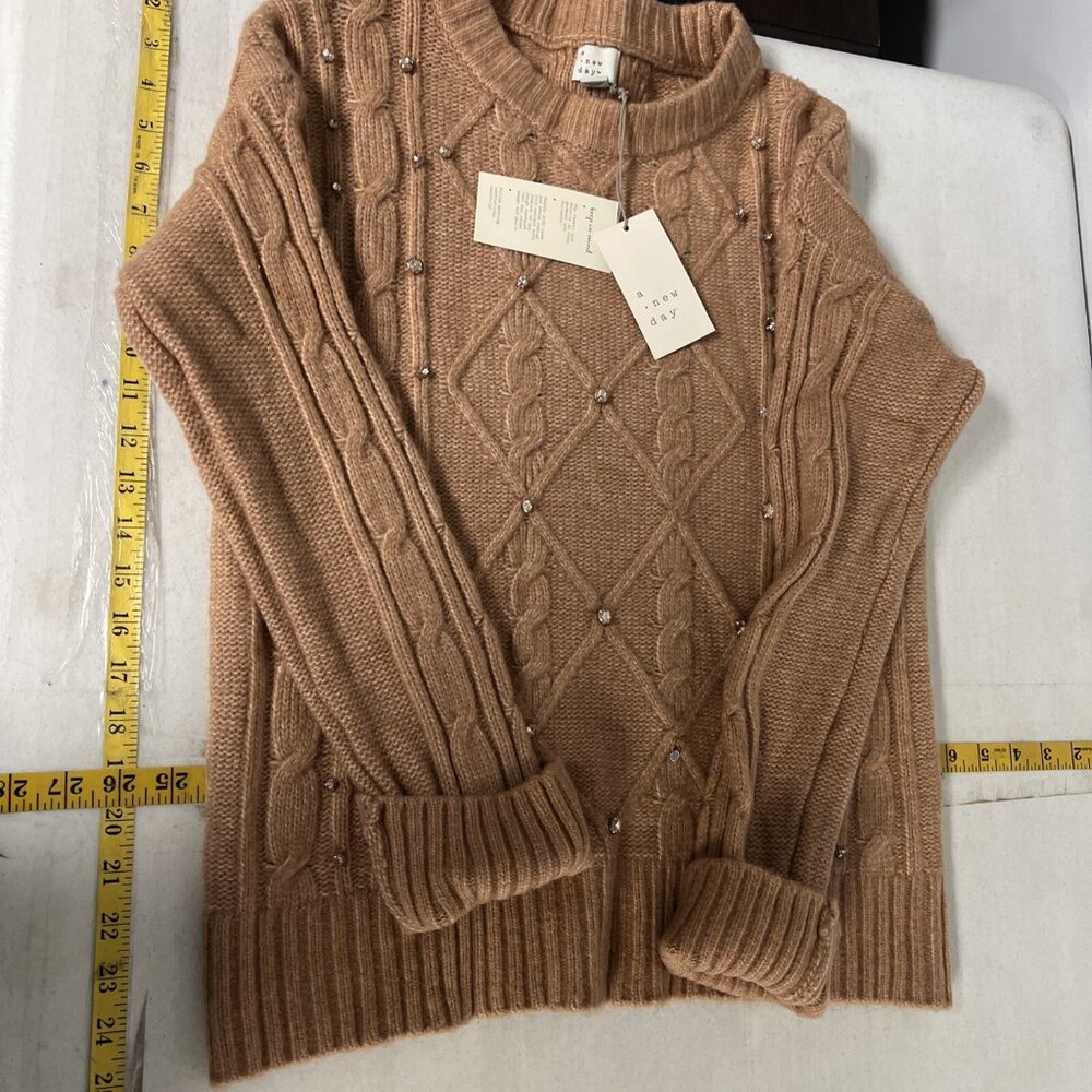 NWT A New Day Womens Cable Knit Sweater W/ Rhinestones Light Brown Small - Picture 8 of 8